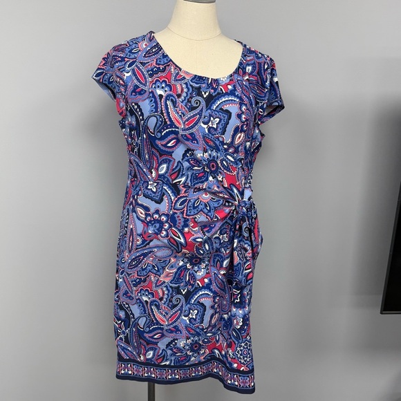 NWT Talbots Faux Wrap Dress Plus 2X Blue Pink Paisley Floral Knee Length Stretch - Picture 3 of 12